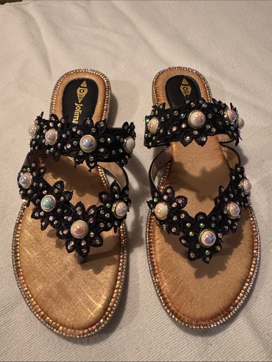 JoliMall Shoes - JoliMall - Black Slide Sandals - Rhinestone & Faux Pearls - Sz 39 (US 7.5 - 8)